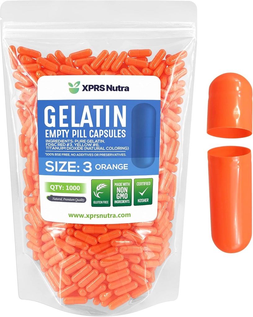 XPRS Nutra Größe 3 Leere Kapseln - 1000 Graf Leere Gelatine Kapseln - Pillen DIY Kapsel Füllung - Pure Bovine Pille Gel Kapseln füllbar für Do-It-Yourself Vitamine und Ergänzungen (Orange)