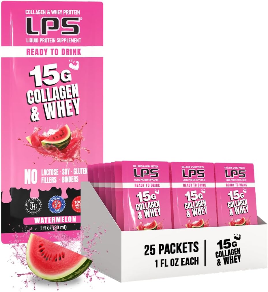 LPS Liquid Collagen & Whey Protein Supplement - Non-GMO Drink, Sugar-Free - fördert gesunde Haut und Haar für Männer & Frauen, Wassermelone, Single Serve (50 Packets)