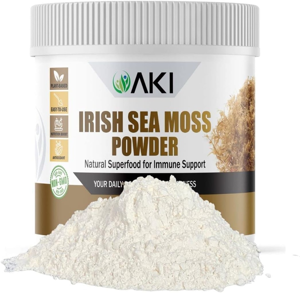 AKI Irish Sea Moss Powder - Rich in 92 Essential Minerals & Vitamins, einschließlich Jod, Kalium & Magnesium - Ideal für Smoothies & Juices - 100% Vegan, Non-GMO & unterstützt Wellness (6Oz/170g)