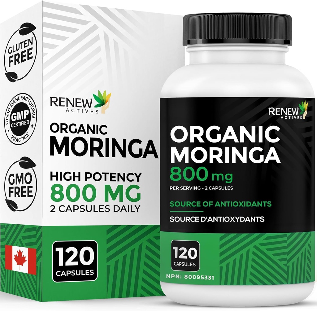 Renew Actives Moringa Blatt Supplement 800MG pro 2 Kapseln- Antioxidant-Rich Moringa Oleifera - Promotes Good Health & Wellness - Einfach zu schlucken - Made in Canada - 120 Kapseln