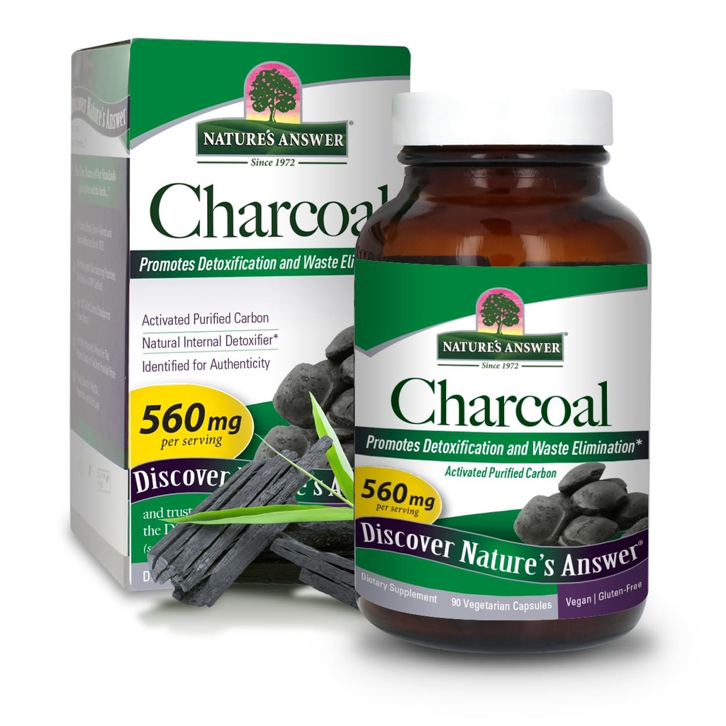 Nature's Answer Activated Charcoal 90-Capsules | Natürlich fördert Detoxification & Waste Elimination | Vegan, Gluten & Alkoholfrei, Keine Konservierungsstoffe | Single Count
