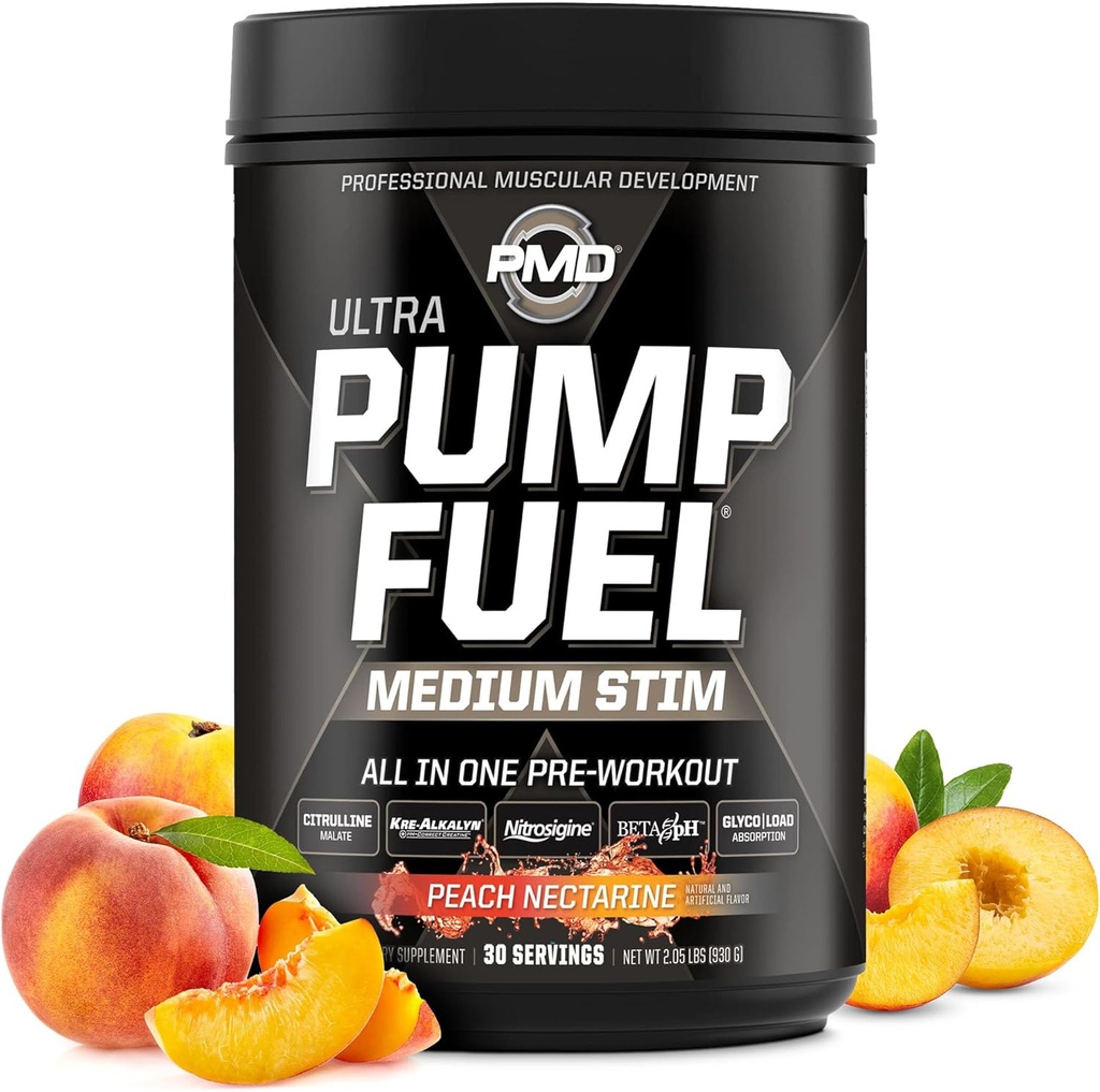 PMD Sportpumpe Fuel Ultra Medium Stim - Premium Pre Workout Powder & Muskelpumpe, Großer Fokus, Endurance & Recovery, Premium Creatine, Arginine & Beta Alanine - Peach Nectarine (30 Portionen)
