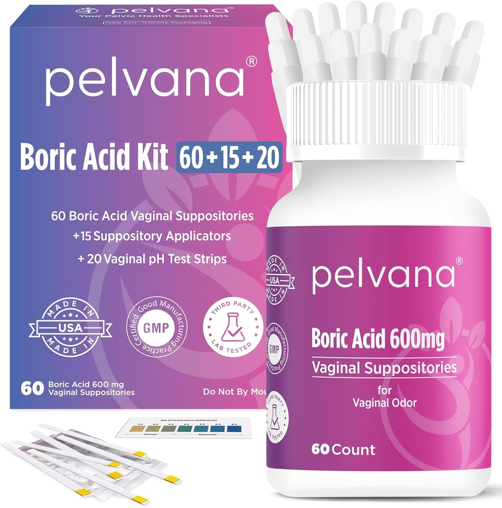Pelvana Borsäure Suppositorien für Frauen 60 + 15 Applicators + 20 pH Test Strips = 95 Stück Kit für Vaginal Odor - Third-Party Lab Tested & Made in USA