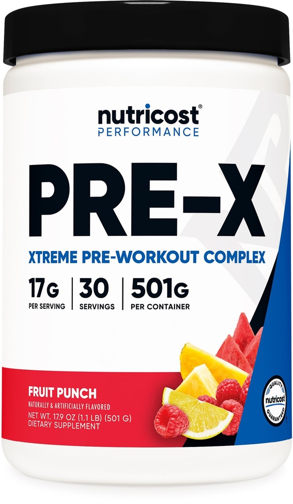 Nutricost Pre-X Xtreme Pre-Workout Complex Powder, Fruit Punch, 30 Servierungen, Vegetarisch, Non-GMO und Glutenfrei