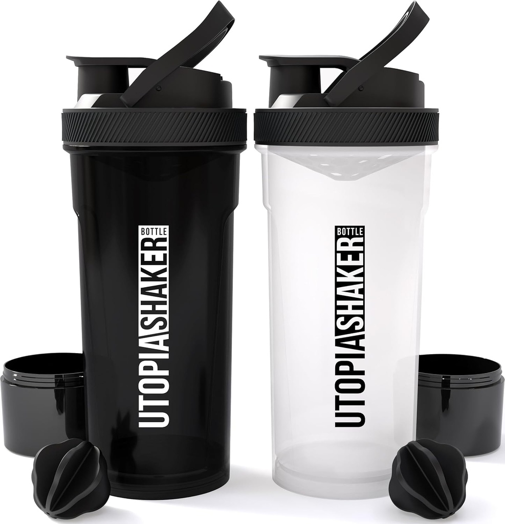 Utopia Home Shaker Bottle 2 Pack - 24 Unze Plastikprotein oder Cocktail Shaker Bottle für Pre & Post Workout mit Twist & Lock Protein Box Storage (All Black & Clear/Black)