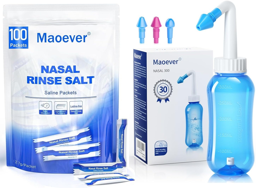 MAOEVER Neti Pot mit 130 Nasal Wash Salt Packets Sinus Rinse Bottle Nose Wash Cleaner Druck Rinse Nasal Bewässerung für Erwachsene & Kid BPA Free 300 ML Aufkleber Thermometer