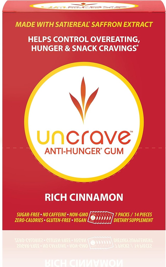 UNCRAVE Gum - Infused with 100% Pure Saffron Extract – Control Cravings - Mood verbessern - Vision Health - Rich Cinnamon (14 Stück)