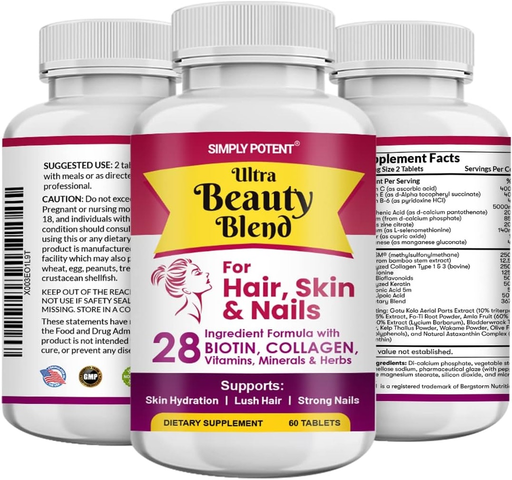 Einfach Potent Hair Skin und Nägel Vitamine, 28 Ingredient Anti-Aging Natural Supplement, Biotin 5000mcg für Haar & Nägel, Keratin & MSM für Haarwachstum, Collagen & Hyaluronsäure für Haut, 60 Tabletten