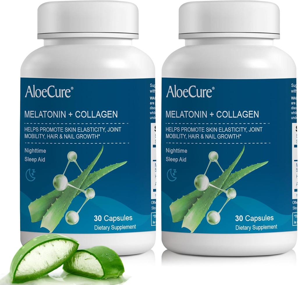 AloeCure Natural Melatonin + Kollagen mit Bio Aloe Vera - Natürliche Schlafhilfe-Ergänzung für erholsame Nächte - Kollagenkomplex für Gelenkstärke, Hautelastizität, Haar- und Nagelwachstum, 30 Kapseln