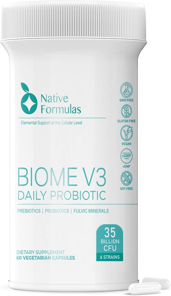 Native Formeln Biome V3 Probiotic, Prebiotic, & Fulvic Minerals Supplements - 35 Billion CFU - 6 Strains - 60 Vegan Capsules - Damen und Herren - FODMAP Freundlich - unterstützt Verdauungs-, Immun- und Gutgesundheit