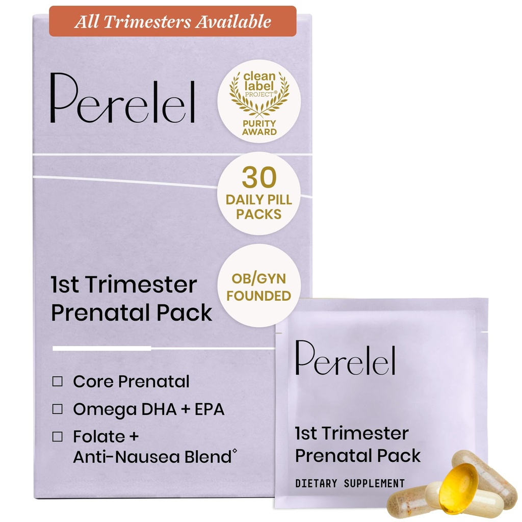 Perelel 1st Trimester Prenatal Pack, Multivitamin mit Folat, Vitamin D, Omega 3, Iron & Ginger, Ernährungsunterstützung für Frühaufstehung, Soy & Gluten Free, Non GMO, 30 Daily Pill Packs
