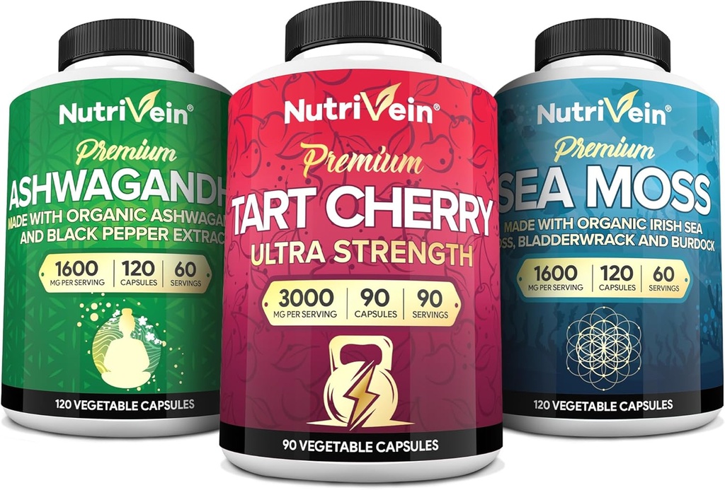 Nutrivein Irish Sea Moss Capsules, Ashwagandha, and Tart Cherry Capsules Bundle: Sea Moss, Tart Cherry Supplement, & Ashwagandha Supplements | Supports Digestive Wellness and Daily Nutrition