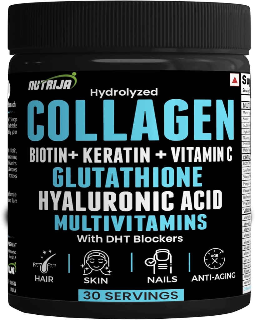 Kollagen-Pulver mit Glutathion, Hyaluronsäure, Vitamin C, E, Zink mit DHT Blockern & Multivitaminen - 30 Servierungen (Nicht aromatisiert)
