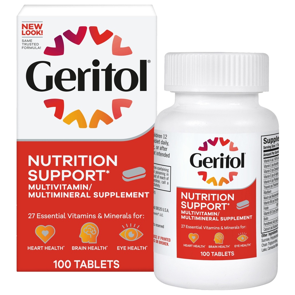 Geritol, Multivitamin-Ergänzung, Enthält B-Vitamine, Antioxidantien, Vitamine C, E & D und Eisen, 26 essentielle Vitamine und Mineralstoffe, Glutenfrei, Non-GMO, keine künstlichen Süßungsmittel, 100 Tabletten
