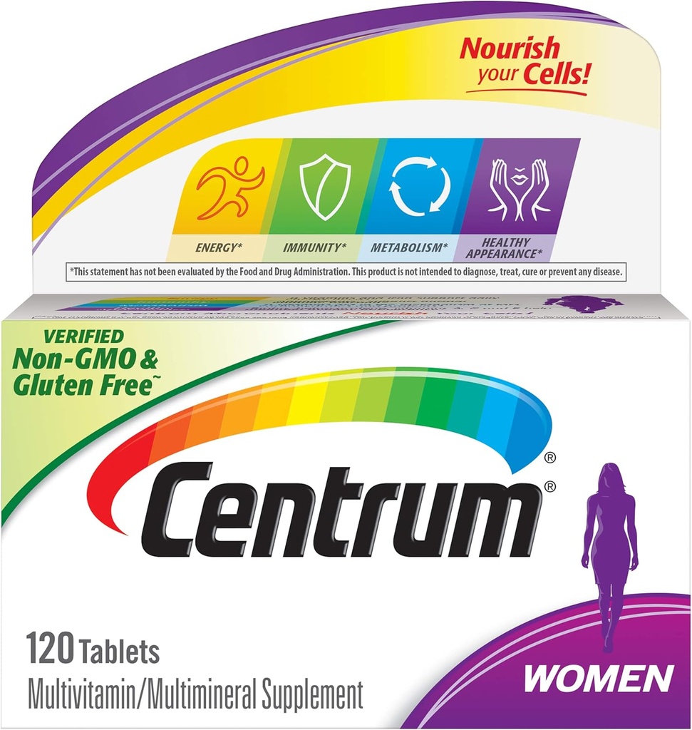 Centrum Multivitamin Tablet für Frauen, Multivitamin/Multimineral Supplement mit Eisen, Vitamin D3, B Vitamine und Antioxidantien Vitamine C und E, Glutenfrei, Non-GMO Zutaten - 120 Zähler