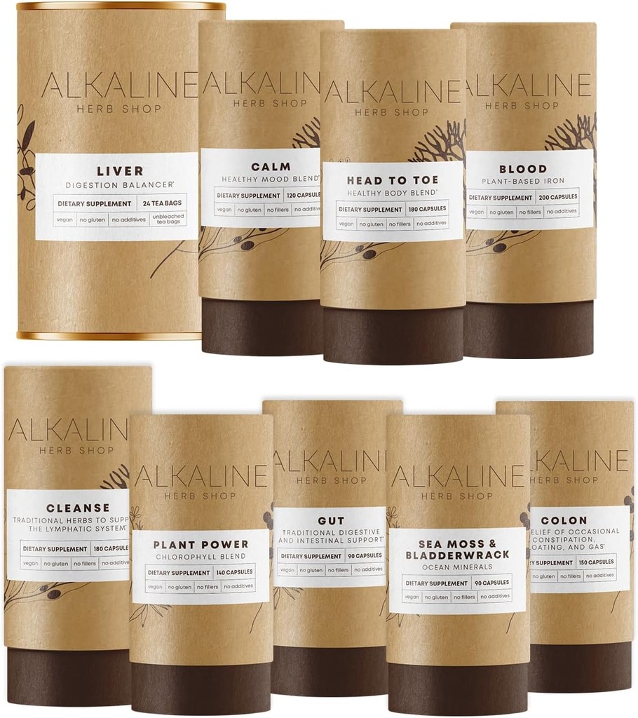 Alkaline Kräuter Shop The Body Essentials Bundle - Sea Moss & Bladderwrack, Chlorophyll, Bügeleisen, Happy Healthy Body, Happy Colon, Happy Lymphe, Gut, Happy Liver Tea und Happy Mood