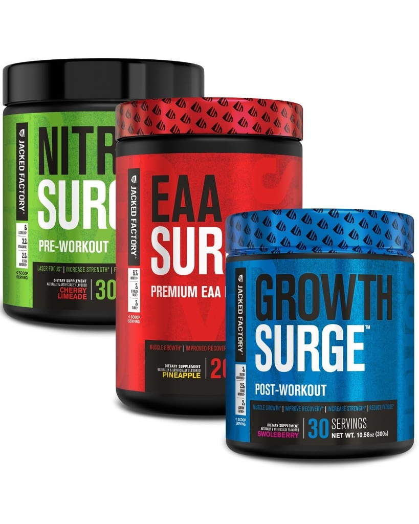 Jacked Factory Nitrosurge Pre Workout, EAA Surge Essential Amino Acids, Growth Surge Post Workout Muskelaufbau Bundle