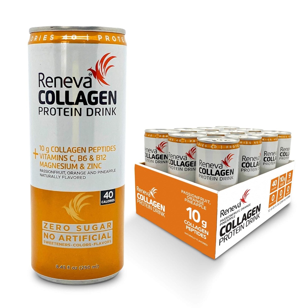 Reneva Collagen Protein Drink - 10g Collagen Peptide, Elektrolyte, B-Vitamine, Zink und Zero Sugar (Passionfruit Orange Ananas)