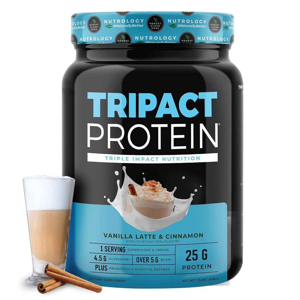 Nutrologie TRIPACT Protein Pulver - 7-in-1 Meal Ersatz Shake mit Gras Fed Whey Protein Pulver, Pea, Reis, Grüns für Muskel-Recovery & Immunität, Vanilla Latte & Cinnamon Flavor, 20 Servierungen