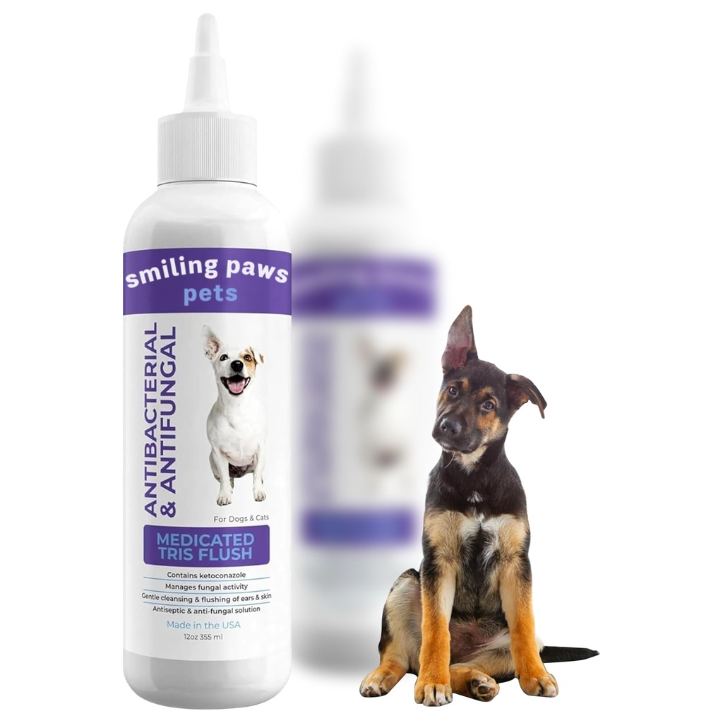 Smiling Paws Haustiere Medicated Tris Flush Dog Ear Cleaner Lösung und Infektionsbehandlung für Hunde und Katzen Ohrspülung für Hunde Ohr Reiniger für Hunde & Katzen - Cat & Dog Ear Wash Enthält Ketoconazole 12oz