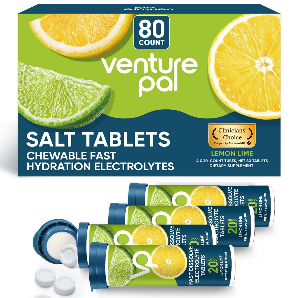 Venture Pal Chewable Electrolyte Tablets, 80 Count Fast-Dissolve Sugar-Free Stick Salt Tablets,Gluten Free – Variety Pack for Rapid Hydration, Outdoor Running, Hiking | Keto & Vegan Friendly | 4 Pack