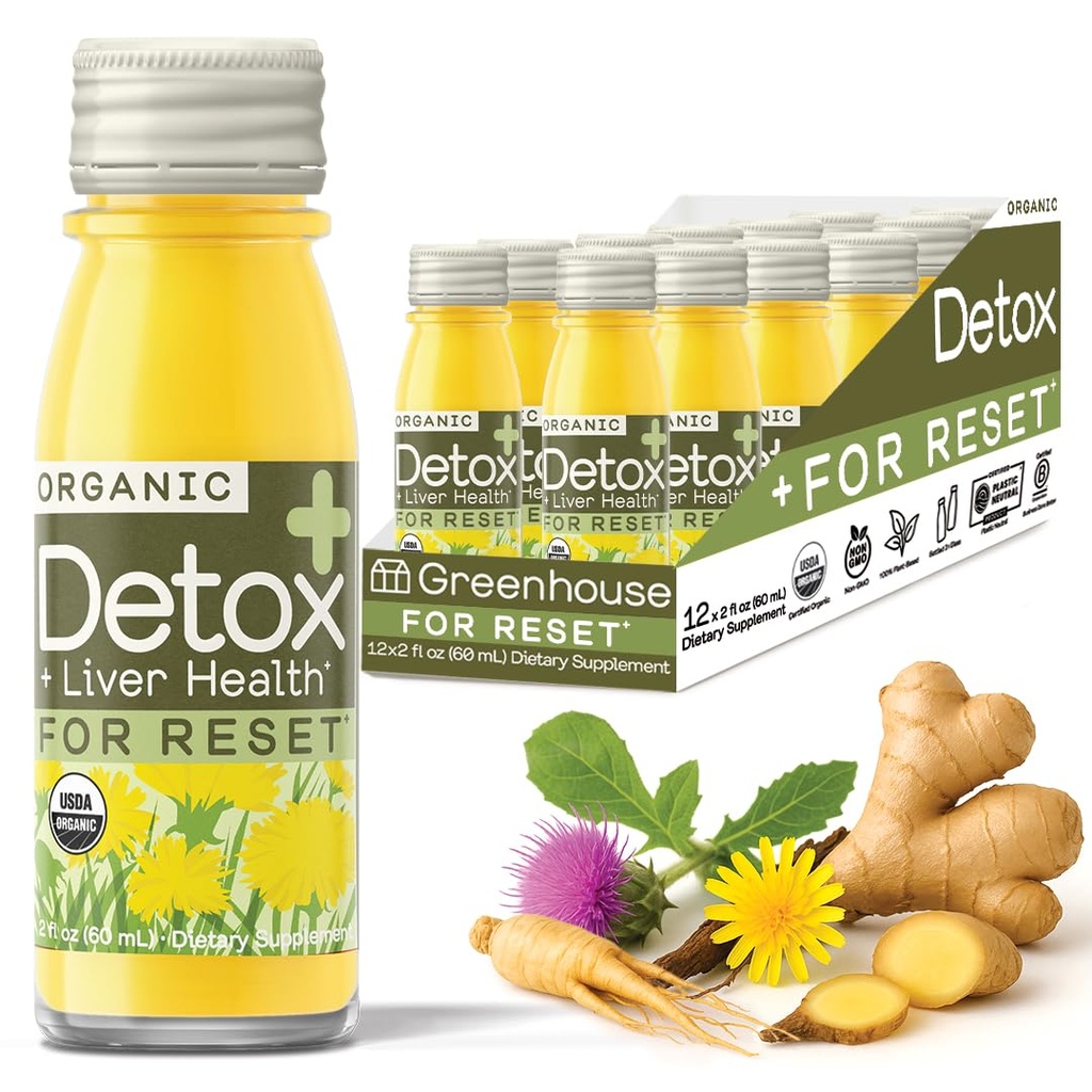 Greenhouse Juice Detox Wellness Shots Organic Immunity Shots Juice Liver Health Wellness + Anti-Inflammatory with Ginseng, Milk Thistle, and Dandelion Vegan & Gluten-Free (2 Oz, Pack of 12)