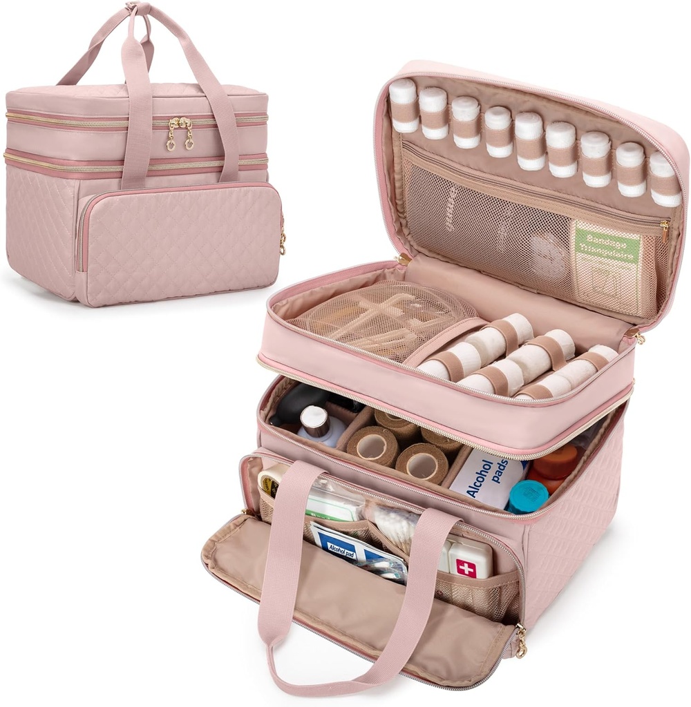 Yarwo Pill Bottle Organizer Leere, Double Layers Medizin Reise-Speichertasche mit 5 Customized Dividers und abschließbare Zippers für Rezept Flaschen und Notfall Erste Hilfe Zubehör, Pink