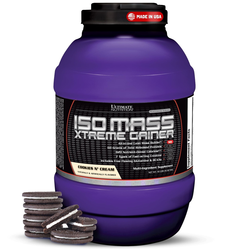 Ultimate Nutrition ISO Mass Xtreme Gainer - High-Calorie Maß Gainer mit Creatine & Whey Isolate Protein Pulver für Gewichtszunahme, Lean Muskelmasse, Bulk Supplement - Cookies N Cream, 10lbs