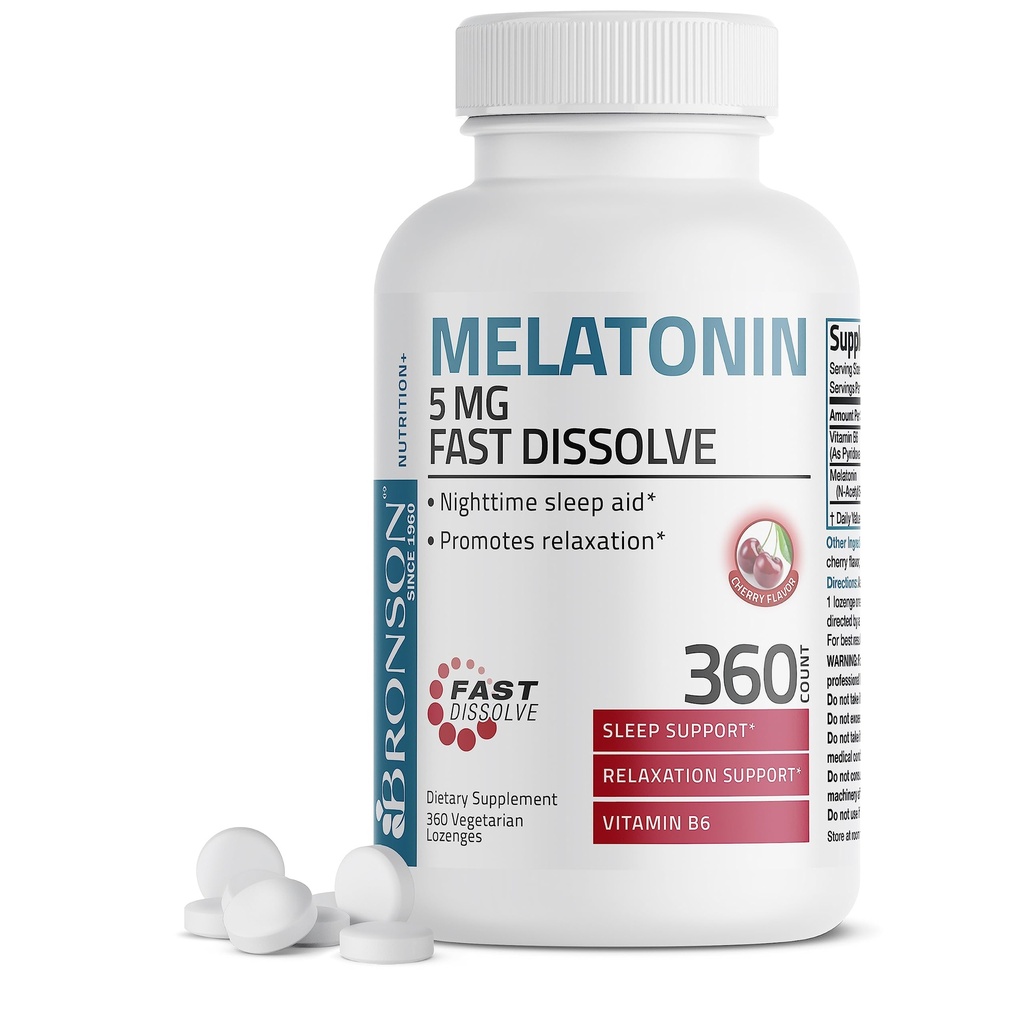 Bronson Melatonin 5mg Fast Dissolve Cherry Flavor Tabletten mit Vitamin B6 - Nacht Schlafhilfe - Fördert Entspannung, 360 Vegetarisch Kaubare Lozenges
