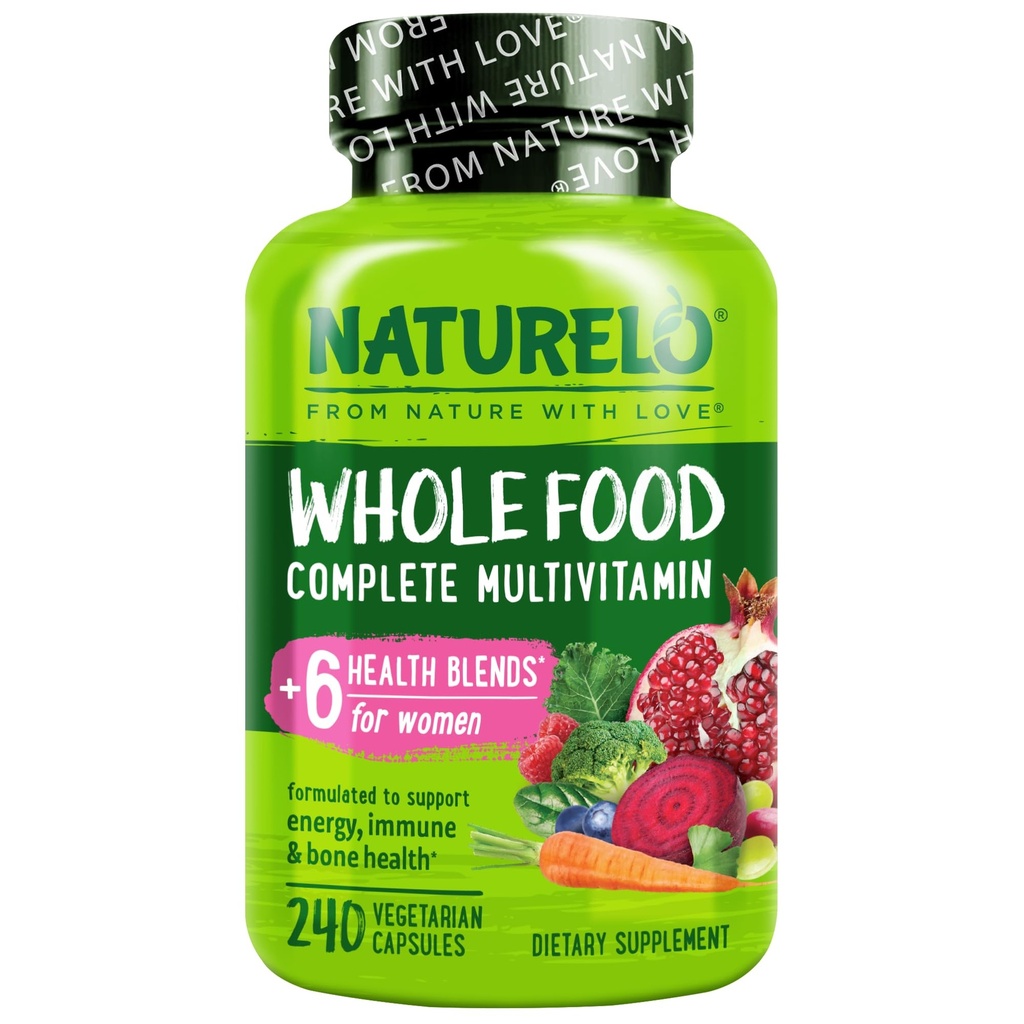 NATURELO Ganzes Lebensmittel Multivitamin für Frauen - mit Vitaminen, Mineralstoffen, & Bio-Extrakten - Ergänzung für Energie und Herzgesundheit - Non GMO - 240 Vegan Kapseln