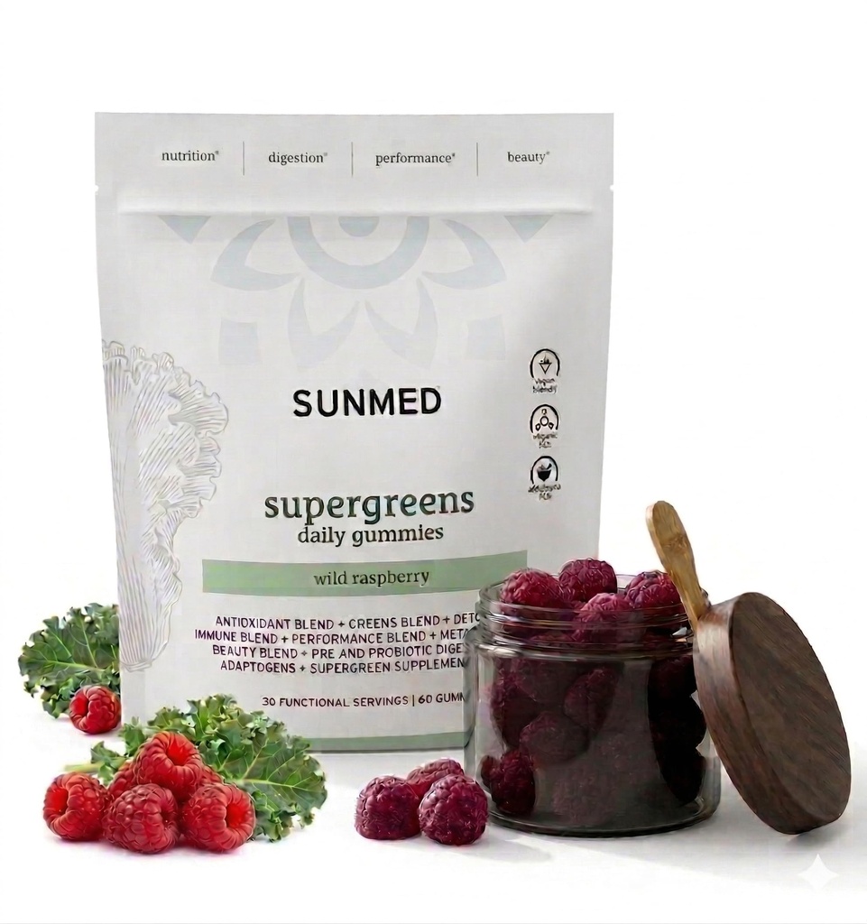 SUNMED Supergreens Daily Gummis – Wellness-Mischung mit Ashwagandha, Grüner Tee, Spirulina, Probiotika, Antioxidantien & Detox-Unterstützung für Immunität, Gut, Haut & Gehirn Gesundheit | Wild Raspberry, 60ct