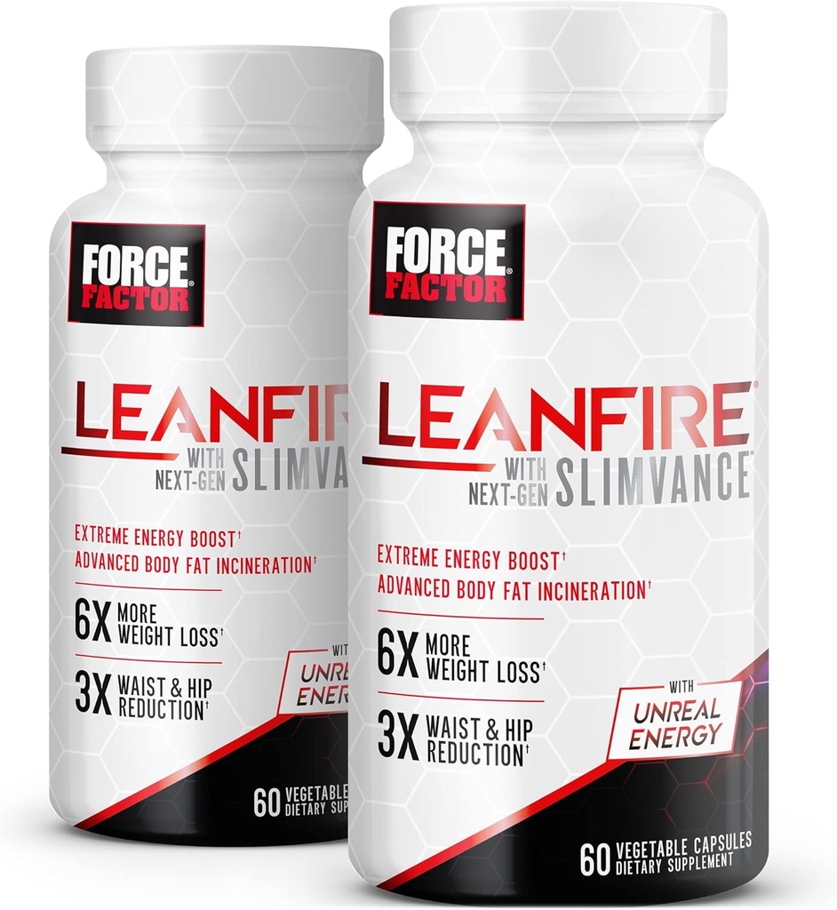 FORCE FACTOR LeanFire mit Next-Gen SLIMVANCE, 2-Pack, Advanced Energy Pills mit B Vitaminen und Koffein, um Stoffwechsel zu steigern, Fokus zu verbessern und Workout & Fitness Performance zu verbessern, 120 Kapseln