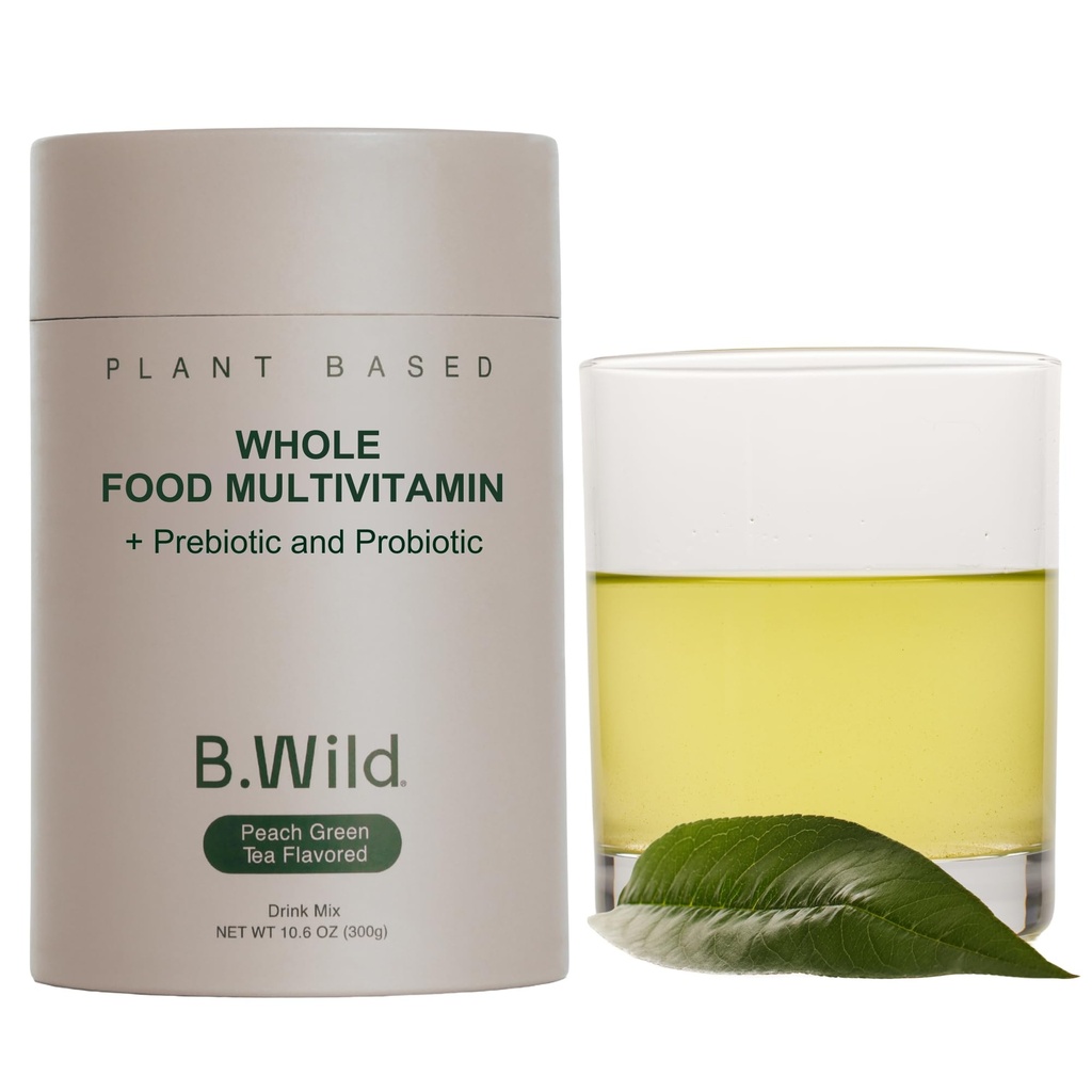 B.WILD Plant-Based Multivitamin Superfood Drink Mix – Refreshing Peach Green Tea with Vitamins, Minerals, Prebiotics & Probiotics for Gut Health & Daily Wellness – 30 Servings – Vegan, Gluten-Free