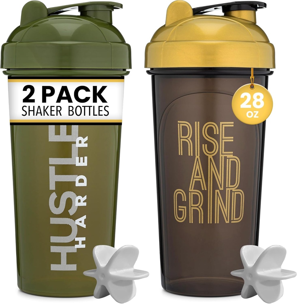 [2 Pack] 28oz Shaker Bottle mit Motivationsnotizen (Black/Gold & Moss) | Protein Shaker Bottle mit Mixer Agitators | Blender Shaker Bottle for Protein Mixes Pack ist BPA Free und Spülmaschine Safe
