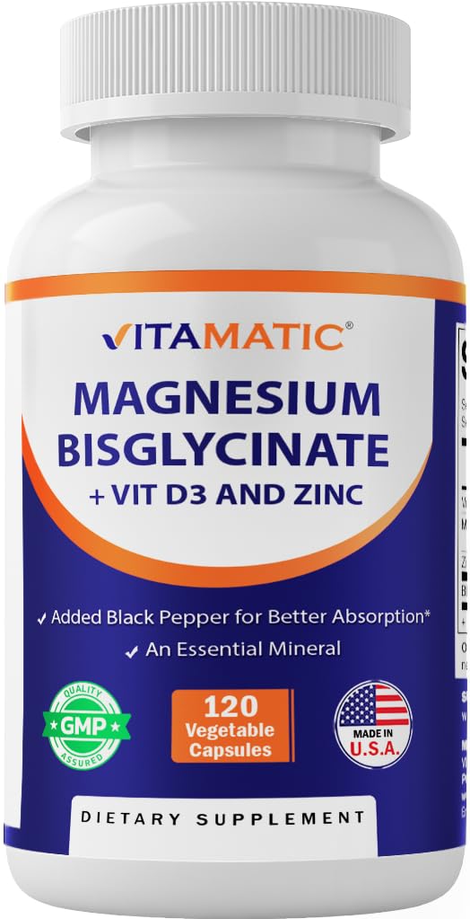 Vitamatic Magnesium (von Bisglycinat & Oxid) mit Vitamin D3 & Zink - 120 Veg Kapseln - Unterstützt Muskel, Gelenk, Nerve & Herz Gesundheit – Nicht-GVO, Glutenfrei