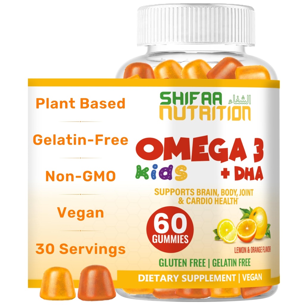 SHIFAA NUTRITION Halal Omega 3 für Kinder mit DHA Gummis für Gehirnentwicklung, Herz- und Immununterstützung, pflanzenbasiert, Non-GMO, Algae-Based DHA, Gluten & Gelatin-Free Kids Omega 3 Gummis, 30 Servierungen