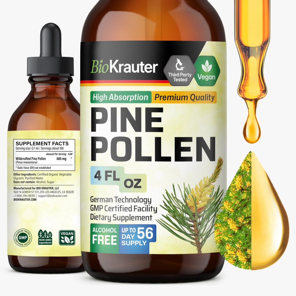 BIO KRAUTER Pine Pollen Tincture - Pine Pollen Pulver Flüssiger Extrakt für Immununterstützung - Alkohol & Zucker Kostenlose natürliche Kräuterergänzung - 4 Fl.Oz.