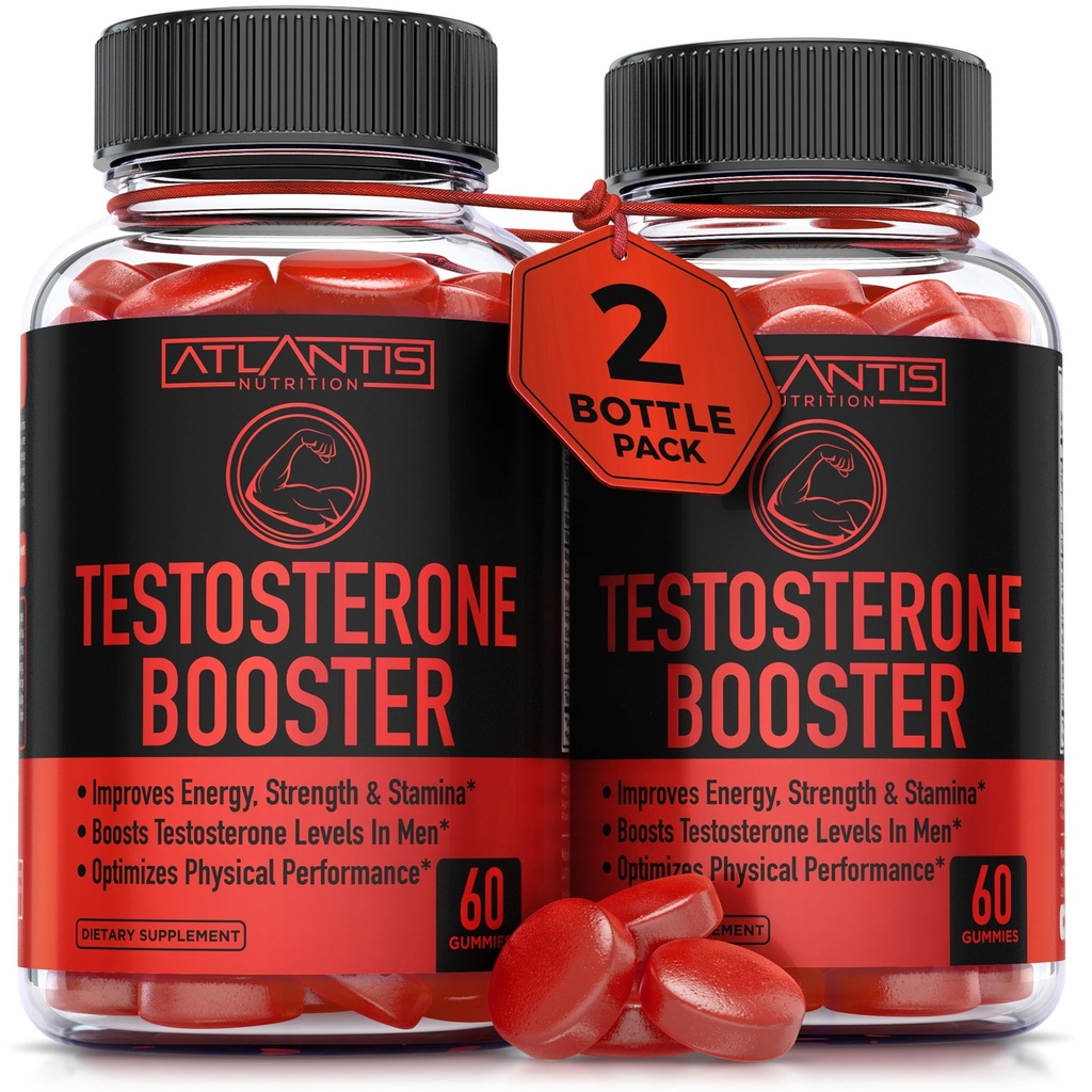 Atlantis Nutrition Testosteron Booster Gummis für Männer - Verbessert Stärke & Stamina - Optimiert Leistung & Male Enhancement - Hergestellt mit Tribulus, Horny Goat Weed, Maca Root | 2-Pack (120 Gummi)