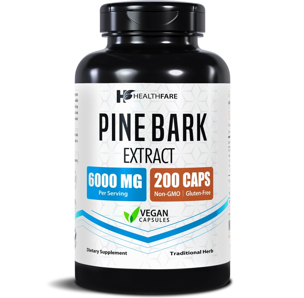 Healthfare Pine Bark Extract 6000mg Französisch Maritime | 200 Vegan Kapseln | Standardisiert 95% OPC Proanthocyanidine | Antioxidans Kräuterergänzung | Non-GMO, Gluten-Free | Made in USA