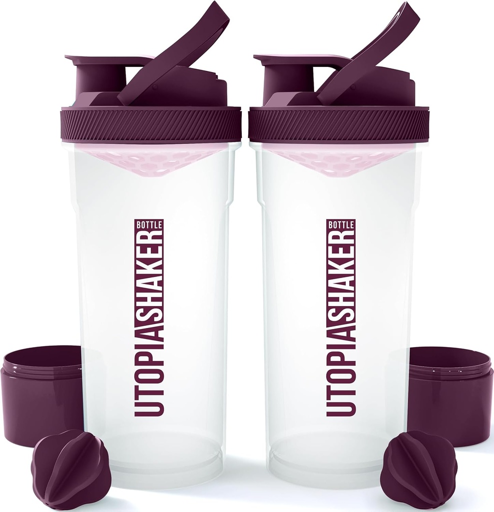Utopia Home Shaker Bottle 2 Pack - 24 Unze Plastikprotein oder Cocktail Shaker Bottle für Pre & Post Workout mit Twist & Lock Protein Box Storage (Clear/Plum)