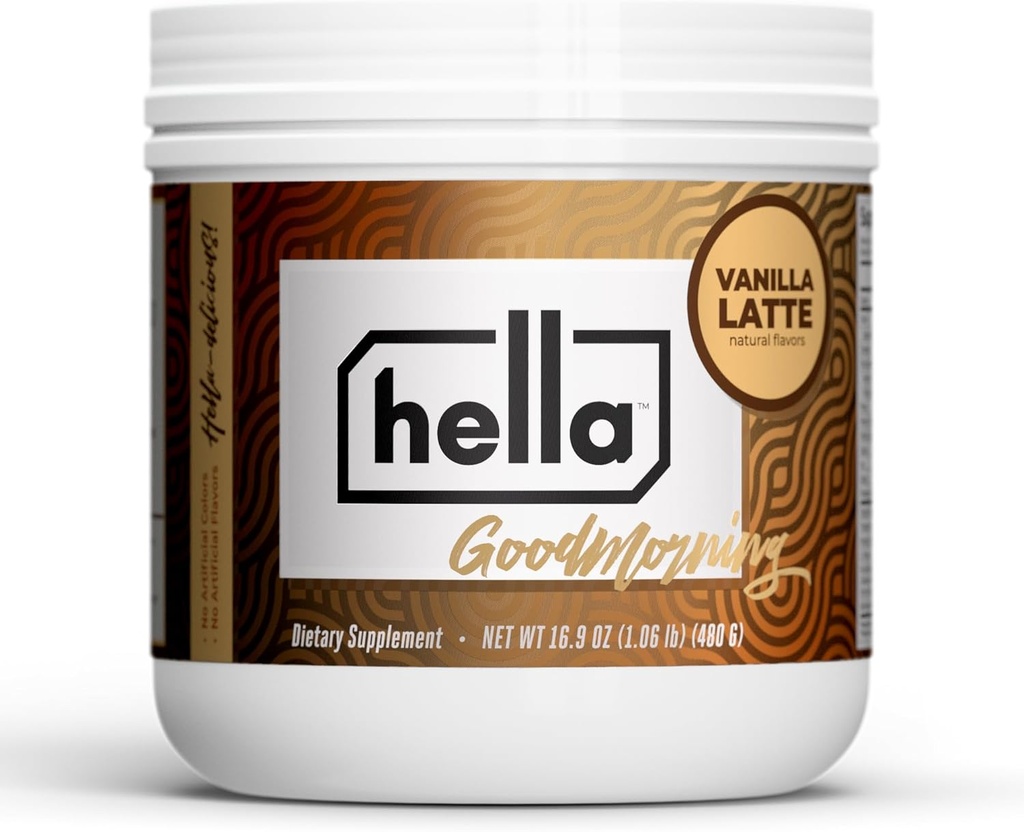 Hella Nutrition Goodmorning Coffee Alternative Natürliche Koffein mit Pilz Kaffee Substitute | Protein, Collagen, Vitamine B-12 & D, Elektrolyte, & Mineralstoffe | Non GMO (20 Servierungen, Vanilla Latte)