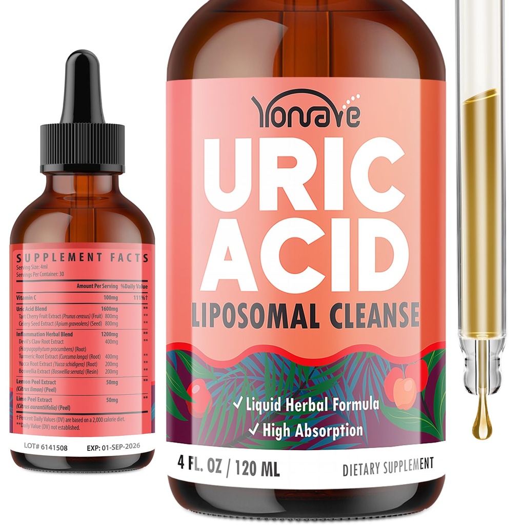 Liposomale Uric Acid Drops, Tart Cherry Supplement mit Celery Seed & Boswellia Extrakt – Muskel, Detox, Joint und Kidney, Uric Acid Cleanse Liquid Supplement– 4 FL OZ (1 Flasche)