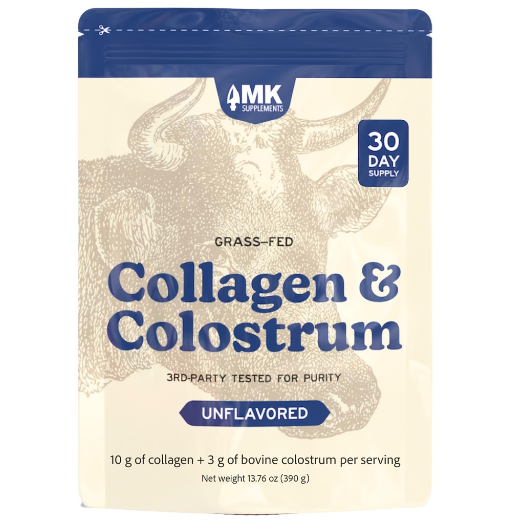 MK Supplements Grass-Fed Collagen & Colostrum Powder | 10g Collagen + 3g Colostrum (IgG 21%) Per Serving | Unflavored | Gut, Skin & Joint Support | 30 Servings