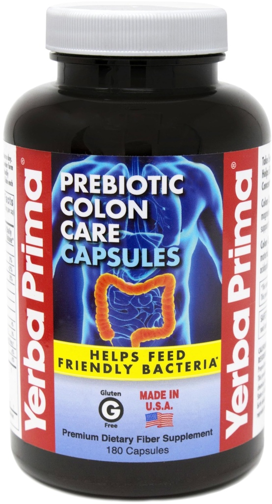 Yerba Prima Prebiotics Colon Care Fiber Caps, 180 Capsules - Fünf Formen von Fiber Plus FOS Pre-Biotics - Nahrungsergänzungsmittel - Gesunde lösliche & unlösliche Fasern für Regelmäßigkeit