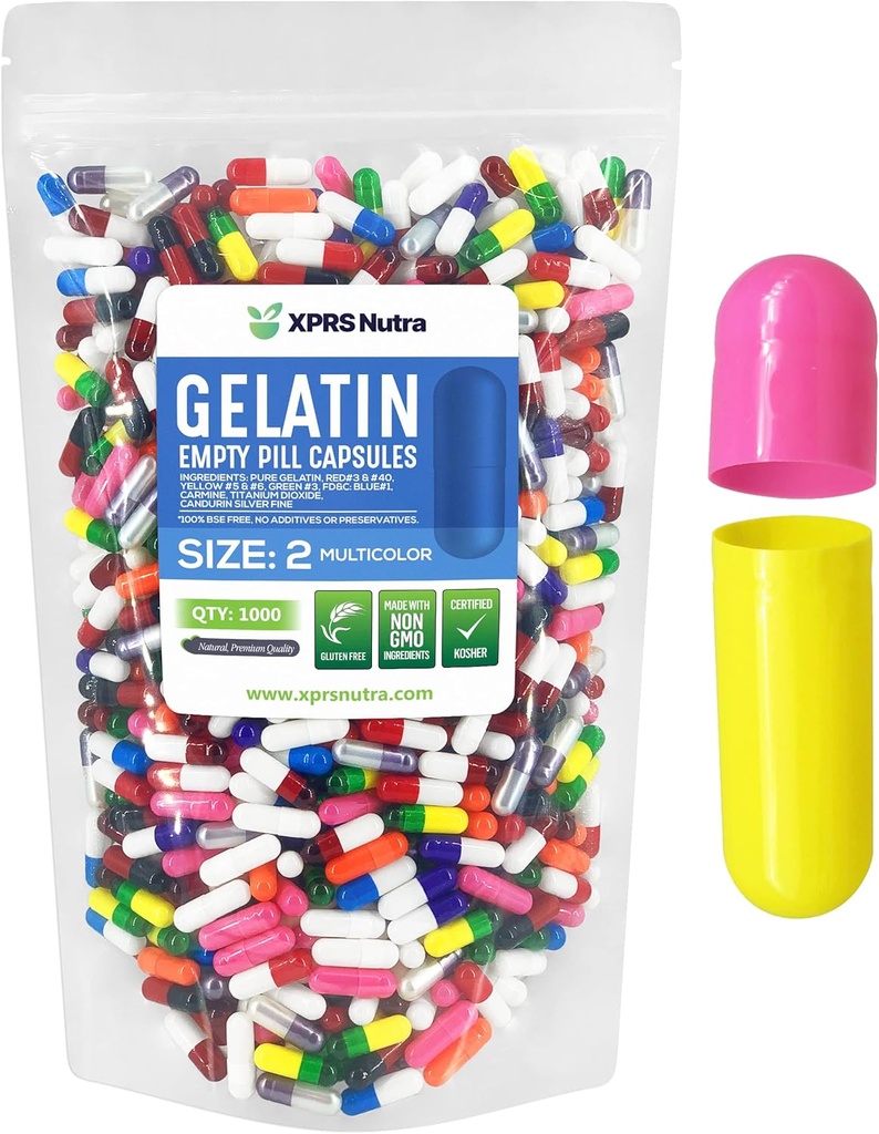 XPRS Nutra Größe 2 Leere Kapseln - 1000 Graf Leere Gelatine Kapseln - Pillen DIY Kapsel Füllung - Pure Bovine Pille Gel Kapseln für Do-It-Yourself Ergänzungen (Multi Color)