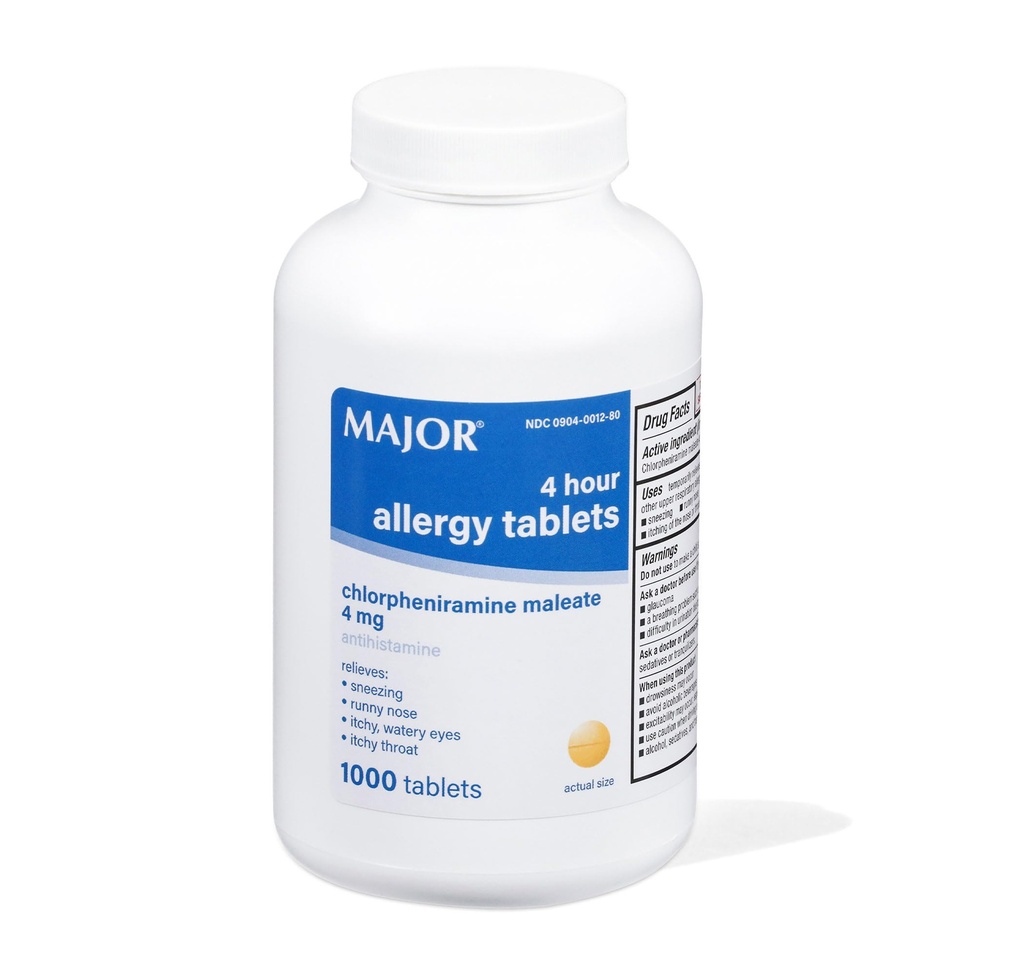 Major 4 Hour Allergy Tabletten - Chlorpheniramin Maleat - 4 mg - Antihistamin - 1000 Tabletten (1 Packung)