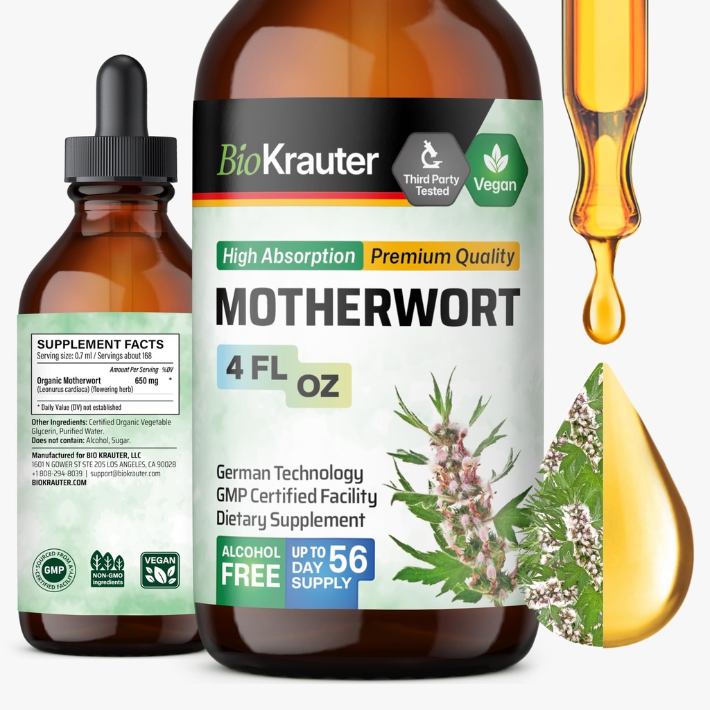 BIO KRAUTER® Perimenopause & Menopause Supplements for Women* - Vegan Motherwort Tincture 4 Fl.Oz 56-Day Supply for Natural Calm & Women's Wellness - Alcohol & Sugar Free - 650 mg per Serving