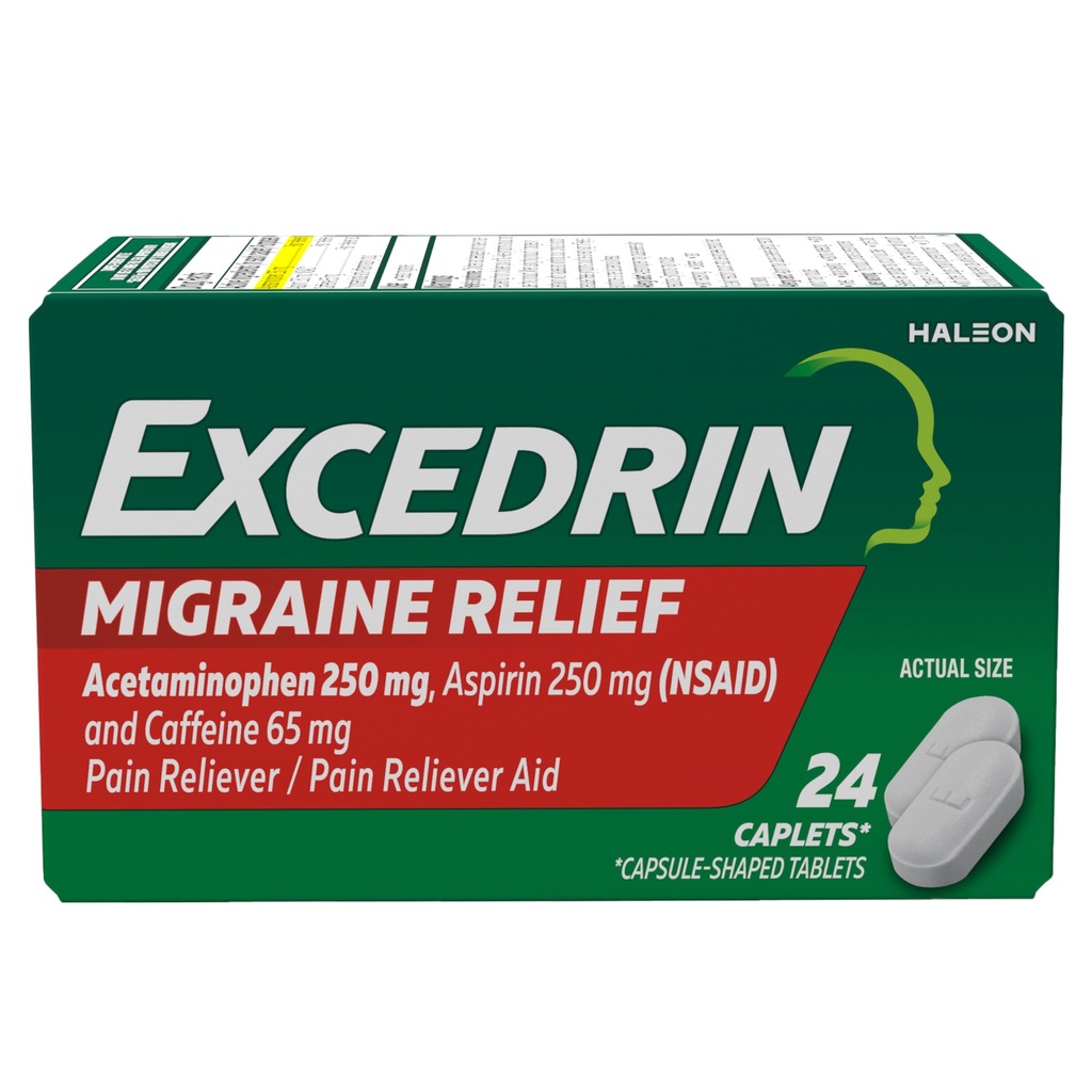 Excedrin Migraine Relief Caplets für Migraine Symptome, Acetaminophen 250mg, Aspirin 250mg, Koffein 65mg, Schmerzrelief, 24 Count