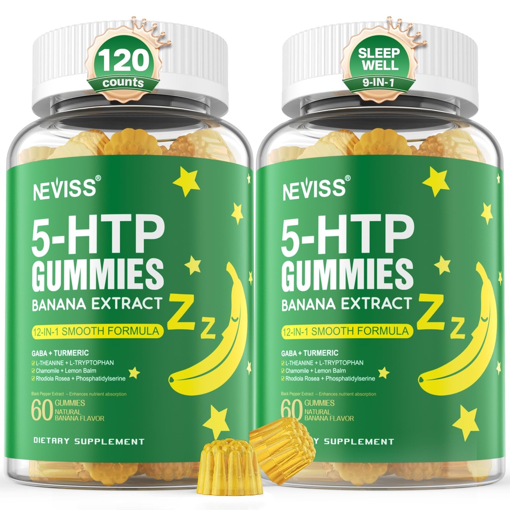 5-HTP Gummies + GABA - Melatonin kostenlos - Relaxation Gummis mit Banana Extract, L-Theanin, L-Tryptophan, Vitamin D3 für gesunde Erholungszyklen & Circadian Rhythm, Gehirnfunktion & Muskelrelax, 2er Pack