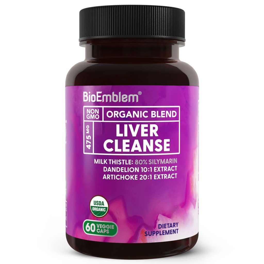 BioEmblem USDA Organic Liver Cleanse - 80% Silymarin Milk Thistle Extract for Liver Health and Liver Function with Dandelion & Artichoke Extract - 100% Vegan, Non-GMO - Herbal Liver - 60 Kapseln
